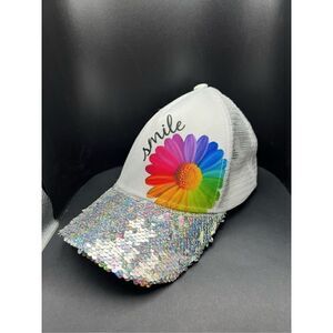 Claire's Flippy Sequin Silver White Rainbow Daisy Hat One Size Fits Most